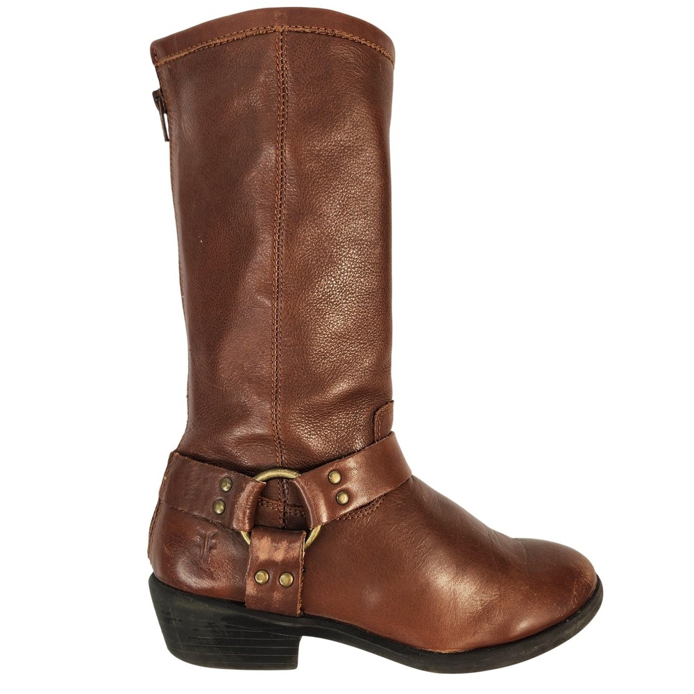 Frye Harness Boots Youth 1 Brown Leather Mid Calf Zip Riding Biker Western